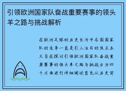 引领欧洲国家队奋战重要赛事的领头羊之路与挑战解析