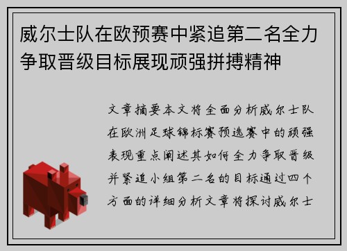 威尔士队在欧预赛中紧追第二名全力争取晋级目标展现顽强拼搏精神