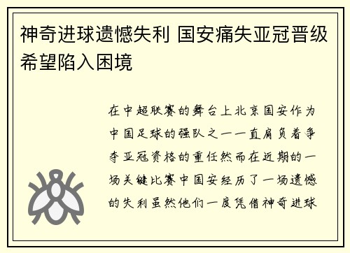 神奇进球遗憾失利 国安痛失亚冠晋级希望陷入困境
