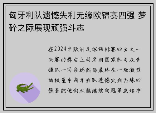 匈牙利队遗憾失利无缘欧锦赛四强 梦碎之际展现顽强斗志