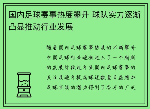 国内足球赛事热度攀升 球队实力逐渐凸显推动行业发展