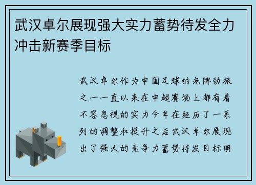 武汉卓尔展现强大实力蓄势待发全力冲击新赛季目标