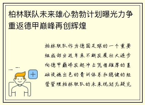 柏林联队未来雄心勃勃计划曝光力争重返德甲巅峰再创辉煌
