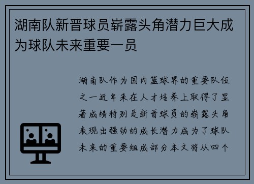 湖南队新晋球员崭露头角潜力巨大成为球队未来重要一员