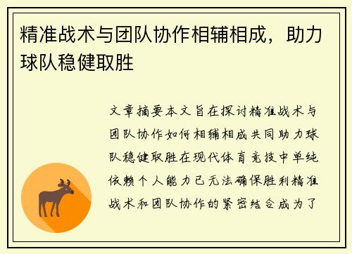 精准战术与团队协作相辅相成，助力球队稳健取胜
