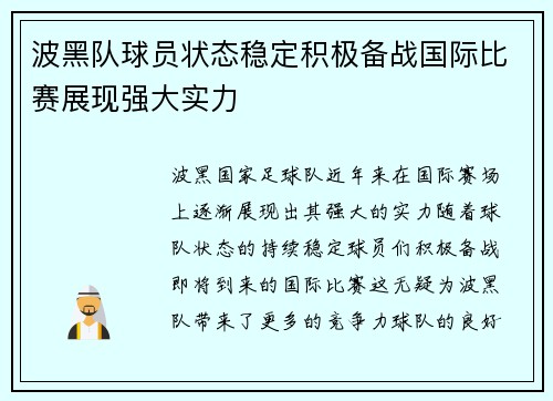 波黑队球员状态稳定积极备战国际比赛展现强大实力