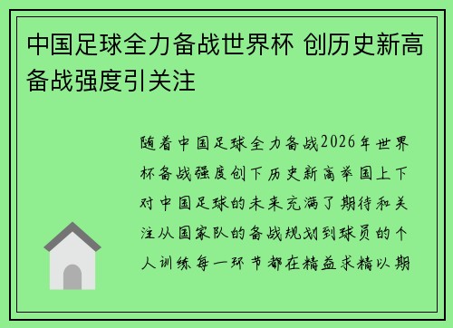 中国足球全力备战世界杯 创历史新高备战强度引关注