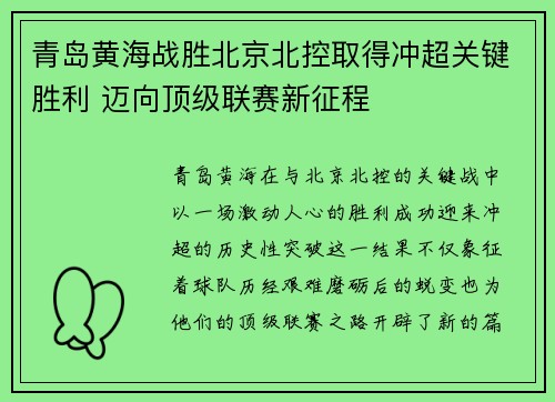 青岛黄海战胜北京北控取得冲超关键胜利 迈向顶级联赛新征程